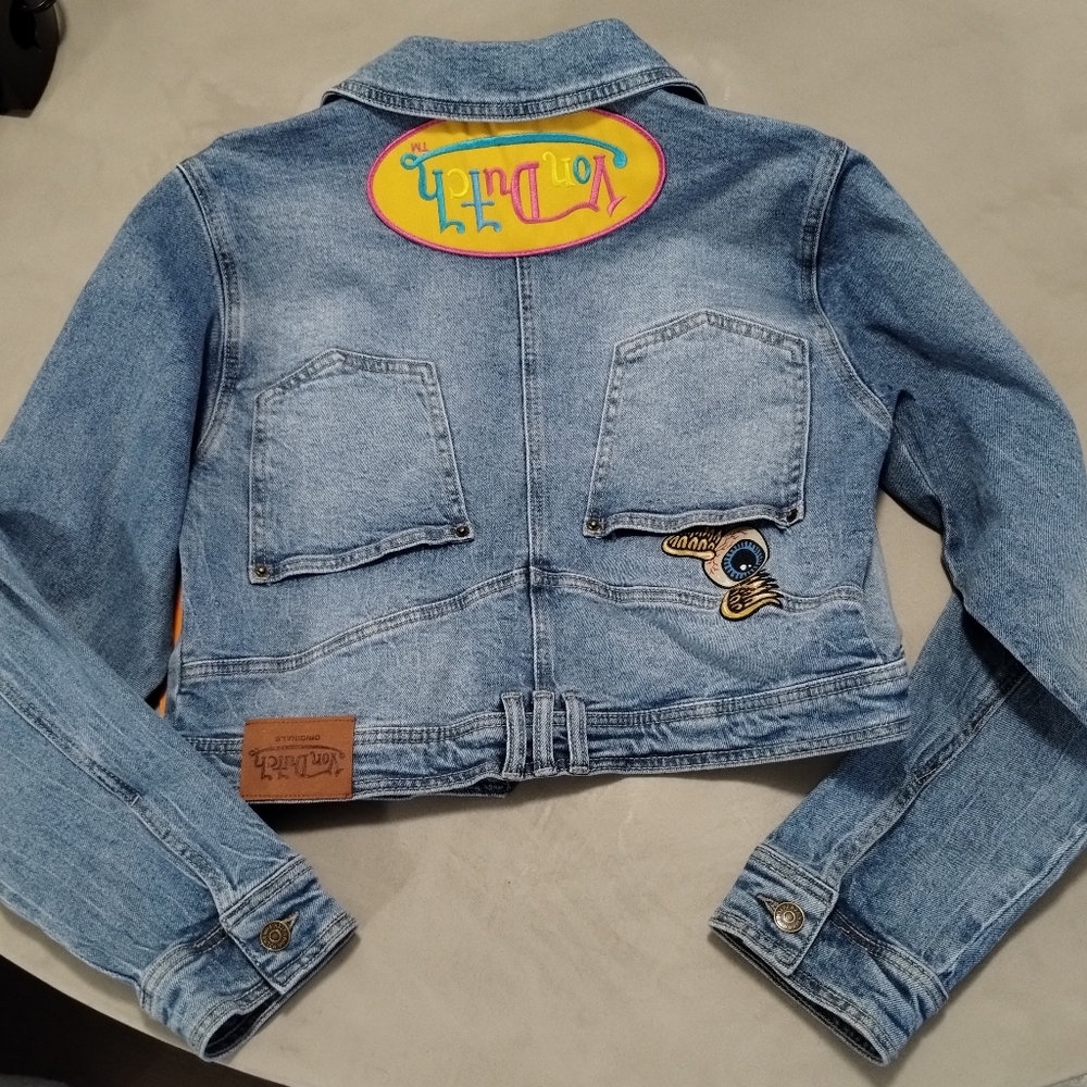 NWT Von Dutch Women's Reverse Upside Down Pants Denim Patch Crop Jacket Small